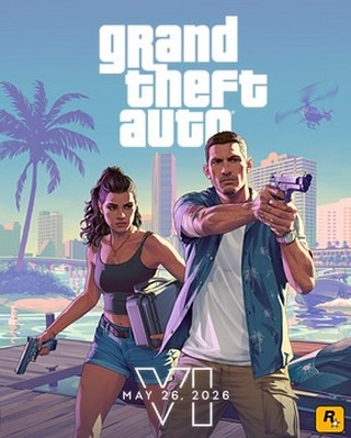 Photo by The Game Awards on May 26, 2025. May be a video game screenshot of 2 people, poster and text that says 'grand theft auto nοn MAY MAY26.2026 26. 2026 ப R R.'.