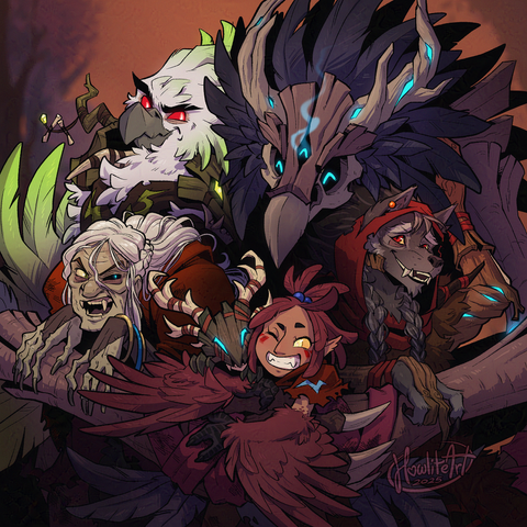 Digital art of five Warcraft-universe characters, clockwise from bottom: a young harpy with maroon feathers and a wooden-construct puppy in her arms; an elderly woman with long white hair, fangs, and one black-sclera'd eye; an anthro white bird (arakkoa) with green-tipped feathers and red eyes; a giant bird-skulled wicker construct with glowing blue eyes and a mane of black feathers; and an older werewolf lady with a red cowl and wooden arms. The giant construct is grouping everyone together into a group hug with his big arms, everyone in various stages of annoyance, exasperation, or glee.