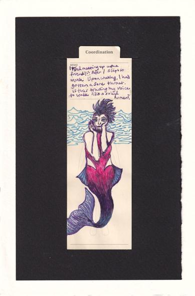 the figure is a mermaid! they have their hands up to their face, and look a bit concerned. Their fishy body goes from bright pink to purple to blue, and the large Caudal fin and two pelvic wings are sky blue and dark purple, with many ribs in them like betta fins. Their hair is in a mohawk and water textures are behind their head neck and shoulders.