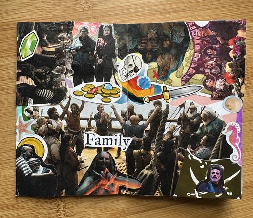A collage of images from Our Flag Means Death, featuring the cast of the show. There is also a variety of piratical and nautical imagery, and text that reads "Family" across the middle.