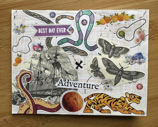 A collage of a ship being attacked by a Kraken, snakes, a tiger, and moths agains the background of a hand-drawn puzzle maps, which includes a pond that looks like a crudely drawn dick. There is a sticker of a banner that reads "BEST DAY EVER" as well as images of oranges and gems. These is text that reads "Adventure" across the center of the spread.