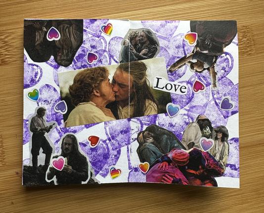 A collage of images from Our Flag Means Death, featuring the cast of the show from various romantic scenes. The background is make up of purple stamped hearts and there many heart stickers scattered around. On the right page, text that reads "Love"