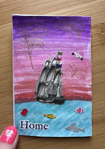 A collage against a sunset background with a ship sailing away from the camera surrounded by drawn fireworks. There is a seagull sticker in the sky and various sea creatures under the water. Text along the bottom left reads "Home"