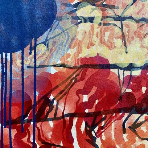A close-up detail of the layers of acrylic paint on canvas depicting an abstracted image of a tree engulfed in flames. The detail includes on the inky horizontal silhouettes of bare tree branches against a pale orange background, gold-ish swarms of lozenge shapes overlapped by pale yellow squiggles that are coiled above curling crimson squiggles moving up from the bottom. There is a splotch of dark grey paint with cascading vertical paint drips on the upper left corner. The layers of paint show through each other.