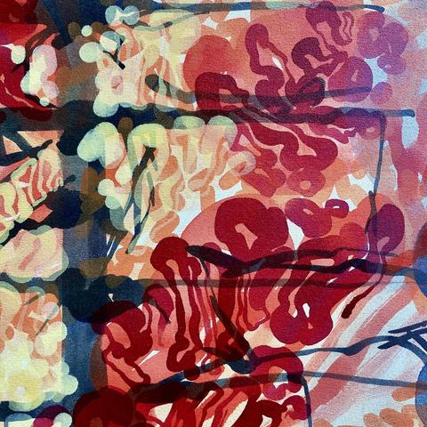 A close-up detail of the layers of acrylic paint on canvas depicting an abstracted image of a tree engulfed in flames. The detail includes on the left an inky silhouette of a burnt tree trunk and branches against a pale orange background, gold-ish swarms of lozenge shapes overlapped by pale yellow squiggles and curling crimson squiggles moving from bottom center to the upper right. The layers of paint show through each other.