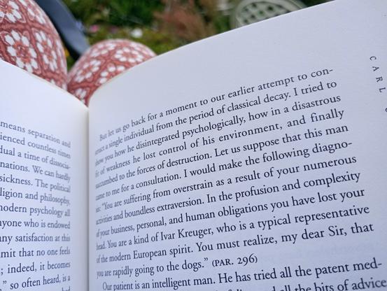 A book balanced on legs with a garden view out of focus in background