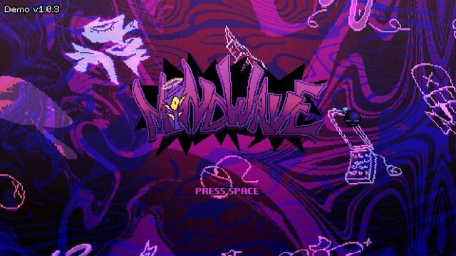 A screenshot of the MINDWAVE demo title screen.

The whole thing is stylized to look like graffiti in red, pink, purple and blue. The 'i' in the the MINDWAVE logo has an illuminati look to it with yellow eye on an upside-down triangle at the top, but also a yellow/golden halo.