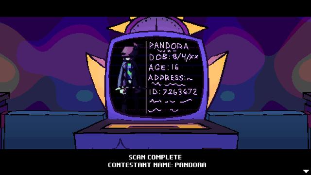 A screenshot of the MINDWAVE demo.

Our purple-haired protagonist, Pandora, has just registered for the tournament and her details are listed on a screen.

Pandora
Date of birth: 8/4/XX
Age: 16
Address: (distorted)
ID: 7263672

Dialog at the bottom says:
"SCAN COMPLETE
CONTESTANT NAME: PANDORA"