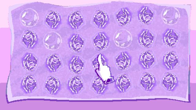 A screenshot of the MINDWAVE demo.

This is a microgame about popping bubble-wrap. In a gird of 7 by 4 bubbles, 4 of them are not yet popped and the player uses the mouse to control a hand with an outstretched finger to click on and pop the remaining bubbles.