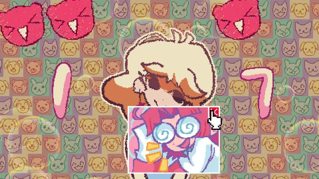 A screenshot of the MINDWAVE demo.

An intermission screen of sorts, where the character whose mind you have entered is seen along with the number of completed microgames and the remaining life count.

A blonde girl is visible in the middle of the screen, over a checkered background with drawings of cat, dog, bear and rabbit faces. The number 1 is to the left of her and 7 to the right of her, and above her are three red drawings of bear(?) faces for the life count.

As you progress through a "level", the difficulty increases in the form of reduced time limits and pop-up ads that get in the way of the rest of the gameplay. One of those ads is shown on top of the blonde girl in the picture, and the player is clicking the X button on it to close it.

The ad itself shows what looks like a red-haired girl with swirly glasses lying with her head on a pillow, and possibly wearing a straitjacket.