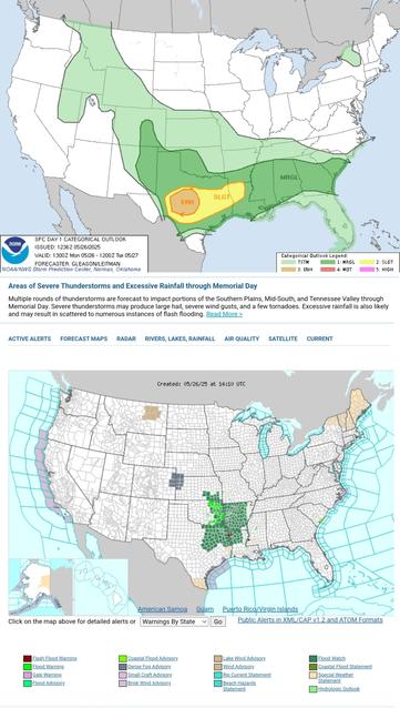 Severe thunderstorms are likely today from parts of the southern Plains eastward into the lower Mississippi Valley. Very large hail should occur with initial development in parts of west-central Texas, with severe/damaging winds becoming a greater concern this afternoon/evening. 
WeatherAwareDay #weather #wx #SPC #TheOutPost #SevereWeather  


Areas of Severe Thunderstorms and Excessive Rainfall through Memorial Day
Multiple rounds of thunderstorms are forecast to impact portions of the Southern Plains, Mid-South, and Tennessee Valley through Memorial Day. Severe thunderstorms may produce large hail, severe wind gusts, and a few tornadoes. Excessive rainfall is also likely and may result in scattered to numerous instances of flash flooding