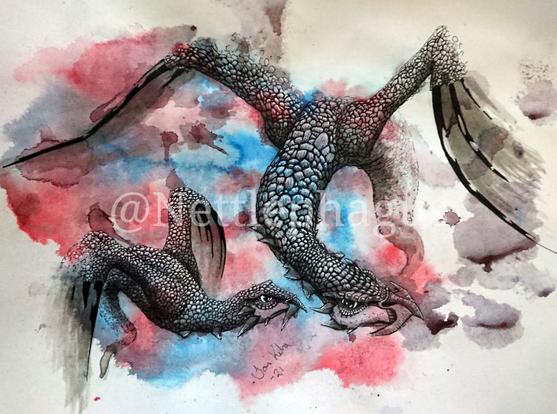 Painting of wyverns learning to fly