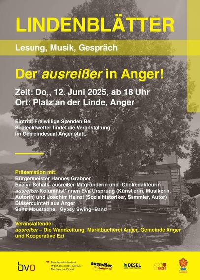 Flyer zur im Post beschriebenen Veranstaltung: "Lindenblätter: Lesung, Musik, Gespräch - Der ausreißer in Anger!"