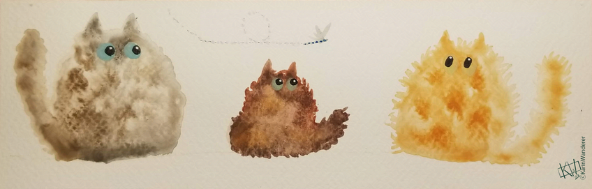 Three watercolor cats - grey, brown, & orange - watch a dragonfly overhead with wide eyes. This is the last moment of peace before chaos ensues.