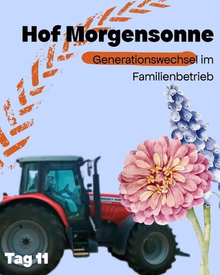 blaugrauer Hintergrund, links die orangene stilisierte Ähre, unten das Foto eines Traktors, rechts zwei stilisierte blühende Blumen. 
Text: Hof Morgensonne
Generationswechsel im Familienbetrieb
Tag 11