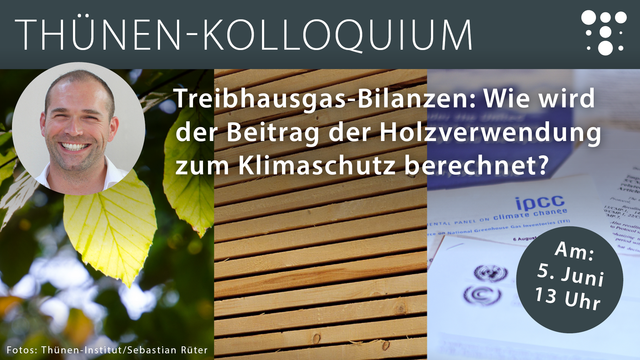 Ein digitales Banner des Thünen-Instituts kündigt ein Thünen-Kolloquium an. Oben steht groß in heller Schrift auf dunklem Hintergrund: „THÜNEN-KOLLOQUIUM“. Darunter ist die Veranstaltung thematisch in drei Bildabschnitte unterteilt:

    Links: Ein Porträtfoto vor einem Hintergrund aus grünen Blättern.
    Mitte: Gestapelte Holzbretter in Nahaufnahme.
    Rechts: Ein Dokument des IPCC (Intergovernmental Panel on Climate Change) über Treibhausgasinventare liegt auf einem Tisch.

Darüber liegt ein zentraler Text in weißer Schrift:
„Treibhausgas-Bilanzen: Wie wird der Beitrag der Holzverwendung zum Klimaschutz berechnet?“

Unten rechts befindet sich ein dunkelgrauer Kreis mit weißer Schrift:
„Am: 5. Juni, 13 Uhr“

Unten links steht der Fotohinweis:
„Fotos: Thünen-Institut / Sebastian Rüter“
Oben rechts ist das weiße Punkt-Logo des Thünen-Instituts sichtbar.
