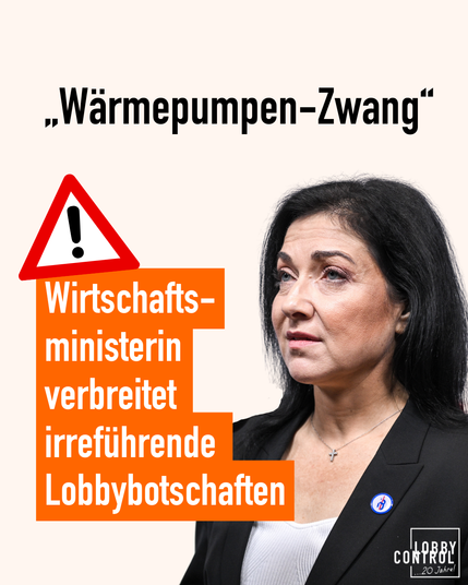 "Wärmepumpen-Zwang". Achtung-Schild mit Ausrufezeichen. Wirtschaftsminsterin verbreitet irreführende Lobbybotschaften