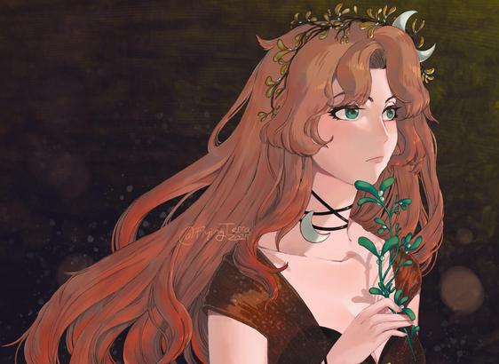 Digital drawing of a white woman with long ginger hair. 
While the upper hair is more of a honey blond the ends are a deep red. On her head she wears a crown of dark brown twigs, golden mistletoe leaves an a crescent moon.
She has dark green eyes and holds a twig of mistletoes in the same color.