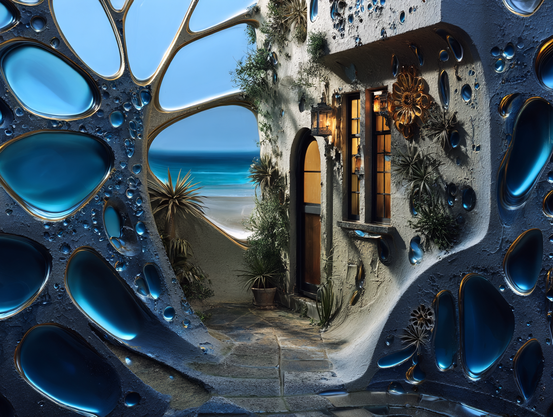 A futuristic seaside cottage crafted from the organically structured silver and blue metal hull of a crashed starship, blending sci-fi design with warm lighting and a view of a calm ocean shore.