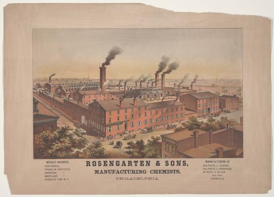 Vintage illustration of a large complex of brick buildings with approximately a dozen active smokestacks.