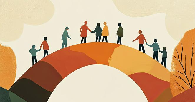 Abstrakte Illustration: Mehrere Personen unterschiedlicher Größe und Hautfarbe stehen auf einem bogenförmigen Hügel und halten sich an den Händen. Der Hügel ist in warmen Erdtönen gehalten, der Hintergrund zeigt stilisierte Wolken und Bäume. Das Bild vermittelt ein Gefühl von Gemeinschaft und Zusammenhalt.