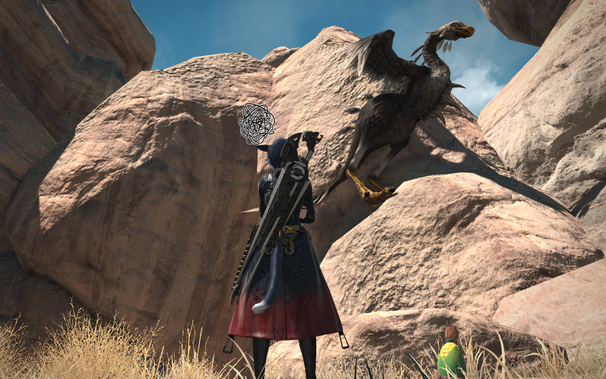 A blue-haired miqo'te gunbreaker, back turned to the camera, looking up at a B-rank hunt target standing up on a very steep rocky hillside.