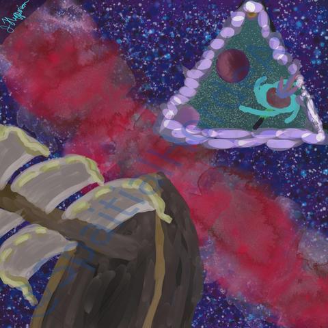A brown ocean bearing ship with a visible mast, six sails with golden rope are open, floats through space. The space is a combination of blues, purples, black and white. A red nebula just below. In the space infront of the ship is a triangle outlined in glowing purple that opens to another section of space. The space seen is a green, filled with white stars. There is a visible blue galaxy with three planets of red.