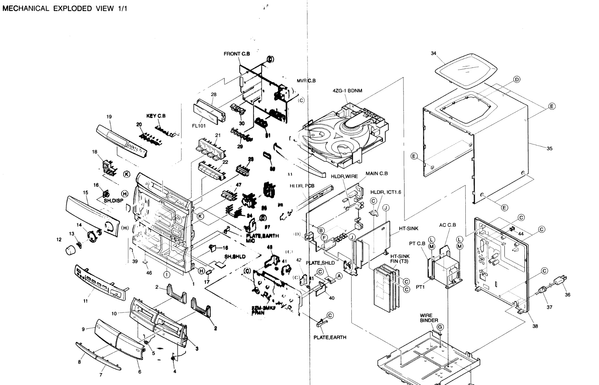 black and white schematic explosion diagram of a stereo system describing every single last screw of it.