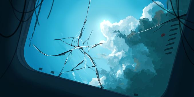 drawing of clouds behind a cracked window or escape hatch of some crashed spaceship or something