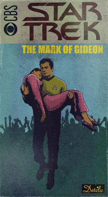 A graphic art poster for the Star Trek episode The Mark of Gideon, showing Kirk carrying a young woman in his arms, while behind him a silhouette of a crowd with arms raised can be seen. 

Kirk is in his yellow and black uniform, the woman is in a pink outfit, and the background crowd is in tones of blue.