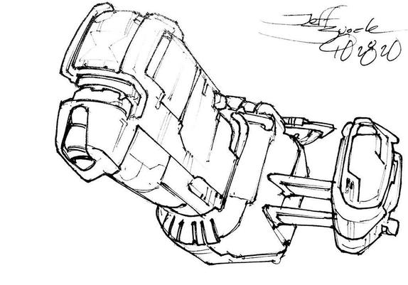 Black and white line art sketch of an imaginative sci fi spaceship. Each one is very different.