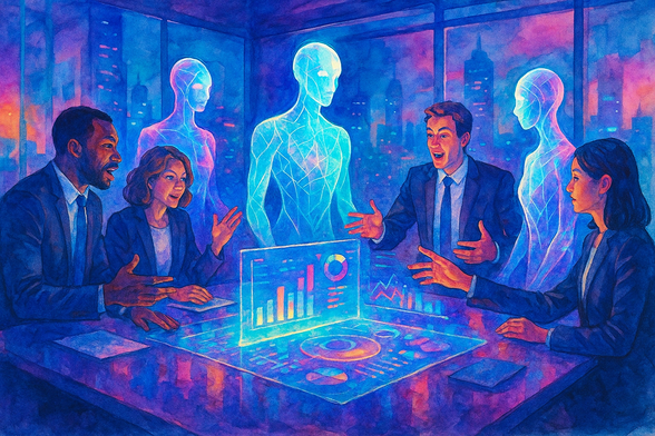 Four business professionals collaborate with three glowing AI figures around a conference table displaying holographic charts in a futuristic office setting.