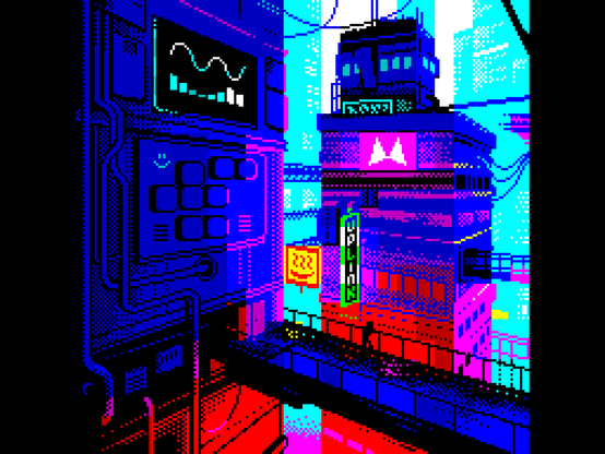 Pixel art drawing of a blue and pink neon-lit cityscape.