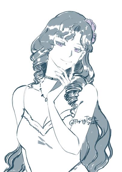 Digital drawing or rather a sketch of a white woman with long black wavy hair some of which are in a corkscrew fashion. 
she's smiling absently.