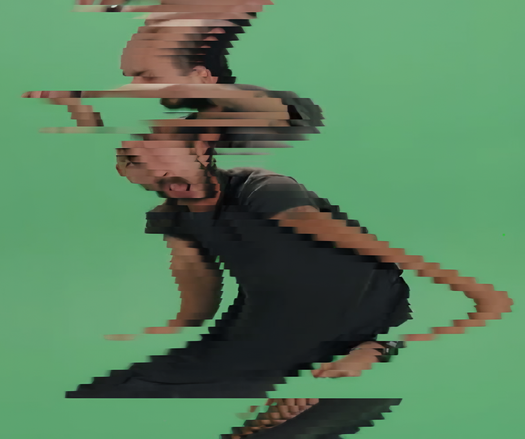 Shia LaBoeuf, a frame from his "Do It" greenscreen video, split into horizontal thin slices in typical slitscan form
