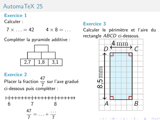 aperçu d'une fiche AutomaTeX sur les décimaux, les fractions et les mesures en 6e