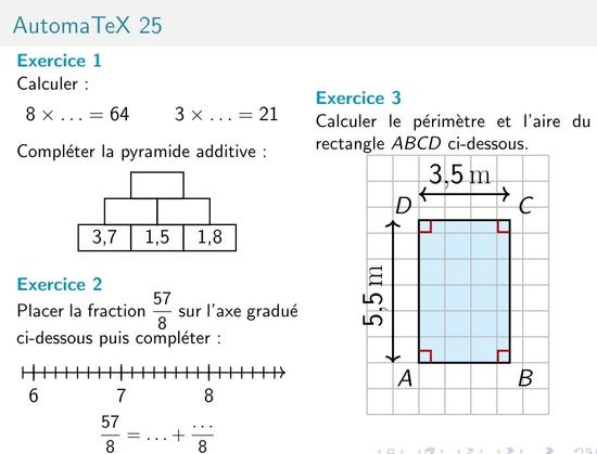 aperçu d'une fiche AutomaTeX sur les décimaux, les fractions et les mesures en 6e