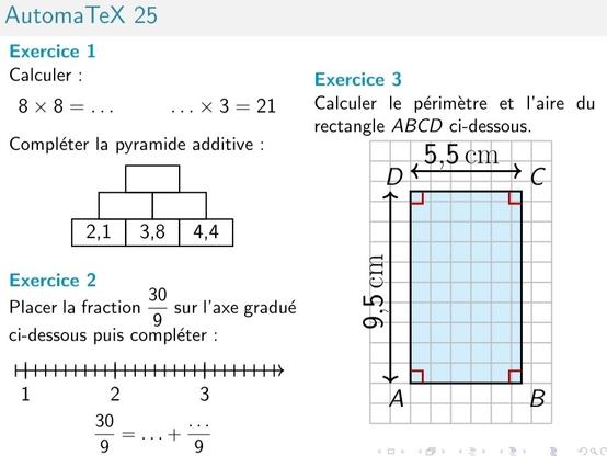 aperçu d'une fiche AutomaTeX sur les décimaux, les fractions et les mesures en 6e