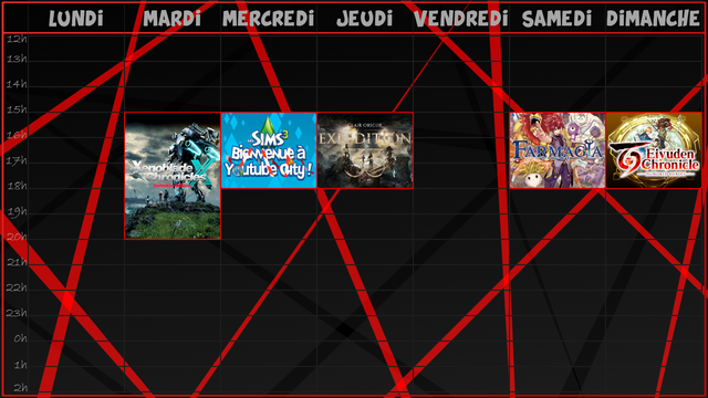 -Mardi, de 15h jusqu'à 20h, encore des quêtes à faire sur Xenoblade Chronicles X Definitive Edition, avant un nouveau chapitre ?
-Mercredi, de 15h jusqu'à 18h, on relance enfin les Sims 3, les travaux reprennent pour le futur let's play Bienvenue à Youtube City ! !
-Jeudi, de 15h jusqu'à 18h, on continue d'avancer Clair Obscur Expédition 33, du farm et du drama !
-Samedi, de 15h jusqu'à 18h, là on relance vraiment Farmagia;
-Et Dimanche, de 15h jusqu'à 18h, ce sera Eiyuden Chronicles qu'on relancera !