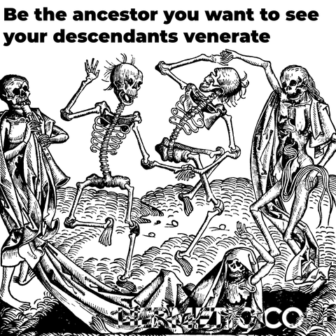 Woodcut/engraving of a group of skeletons dancing over a grave. Text in OP.