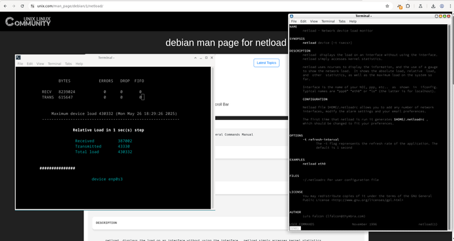Pantallazo que muestra el programa netload ejecutándose, con el "man page" al lado y al fondo la página de unix.com que muestra la referencia en Debian.