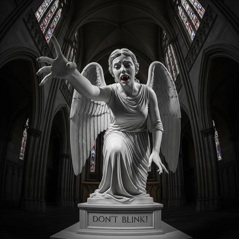 Eine Engel-Statue mit Reißzähnen in einer Kirche. Der Engel greift nach Dir. Auf dem Sockel der Statue steht "DON'T BLINK!"