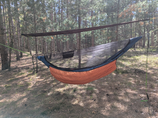 My hammock hanging with my rainfly above me but not deployed.