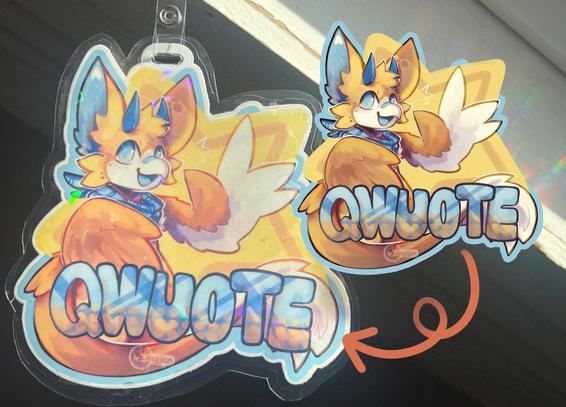 a printed and laminated convention badge with shatter-effect holo film, featuring a yellow, orange and light blue squak character waving happily