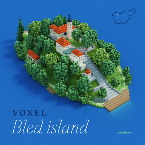Colorful image of the Bled island created with voxels.
