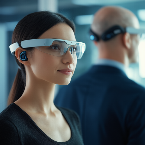 AI-generated image of a blind woman wearing The vOICe vision BCI glasses, standing in front of a blind man seen from behind with a Neuralink Blindsight bilateral brain implant visible on the backside of his head.