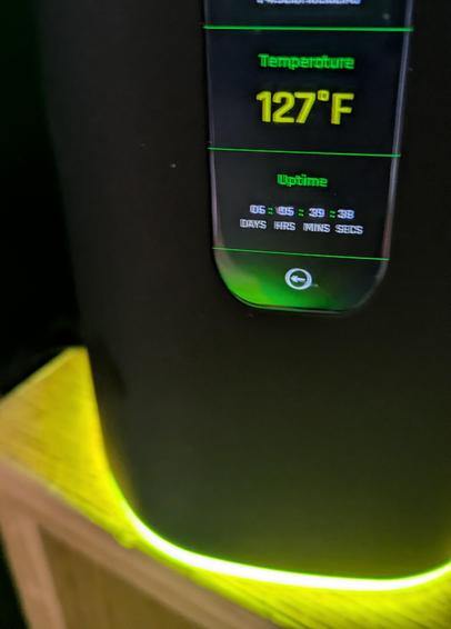 Amplifi Alien showing a temperature of 127°F and an uptime of 5 days
