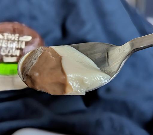 Ein Teelöffel mit braunem Haselnussschokopudding und hellem Haferpudding