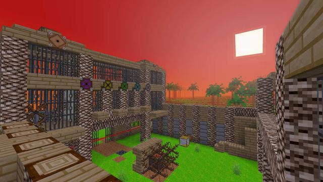 A wooden fort made out of coconut wood, set in a tropical landscape.