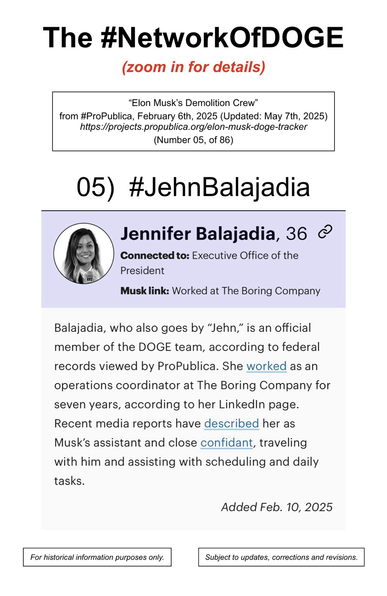 Photo and information regarding Jehn Balajadia, an employee at the Department of Government Efficiency (a/k/a DOGE).  From the website of ProPublica (February 6th, 2025) (Updated May 7th, 2025). Number 5, of 86.